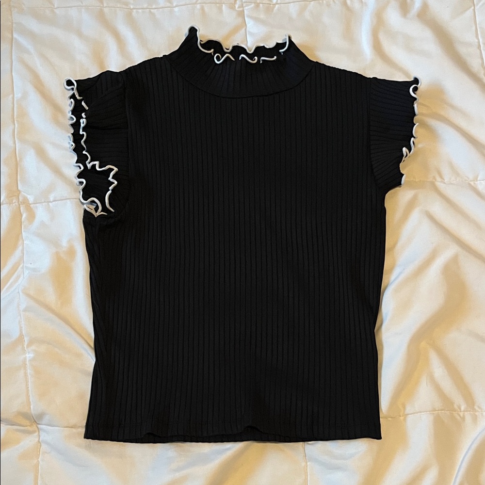 Zara Black Ribbed Mock Neck Top with White Lettuce Trim